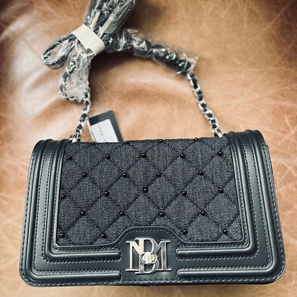 Badgley Mischka Quilted Shoulder Bag Denim Purse with Silver Chain & Logo Accent - Picture 3 of 3